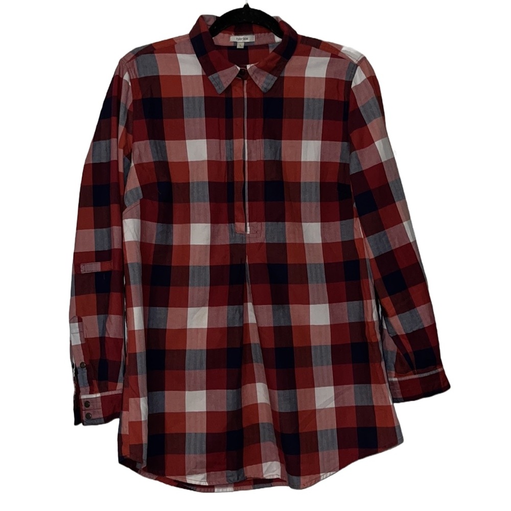 Tyler Boe Tina Helmsley Blue Red White Plaid Brick Cotton Tunic Boho Size L